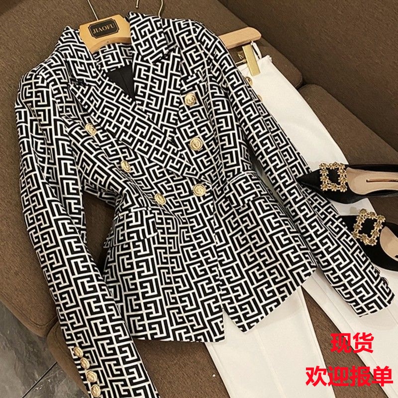 Áo Khoác Vest Hai Hàng Nút Họa Tiết Hình Học Nhỏ Màu Hồng Phong Cách Âu Mỹ Thời Trang 2022 Chất Lượng Cao