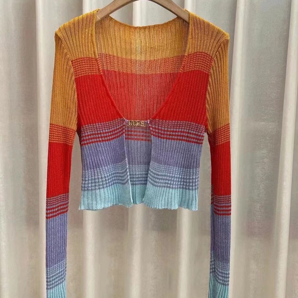 Áo Khoác Cardigan Dệt Kim Mỏng Màu Sắc Cầu Vồng Tương Phản Thời Trang Mùa Hè Cho Nữ
