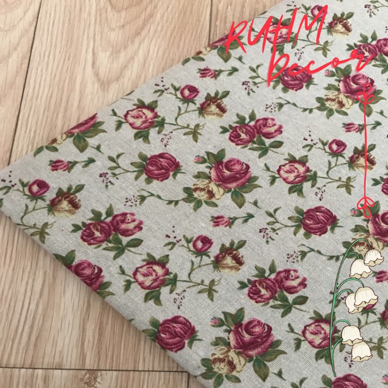 Vải bố canvas mỏng may khăn trải bàn décor trang trí nhà cửa họa tiết Hoa hồng nhí V-G04