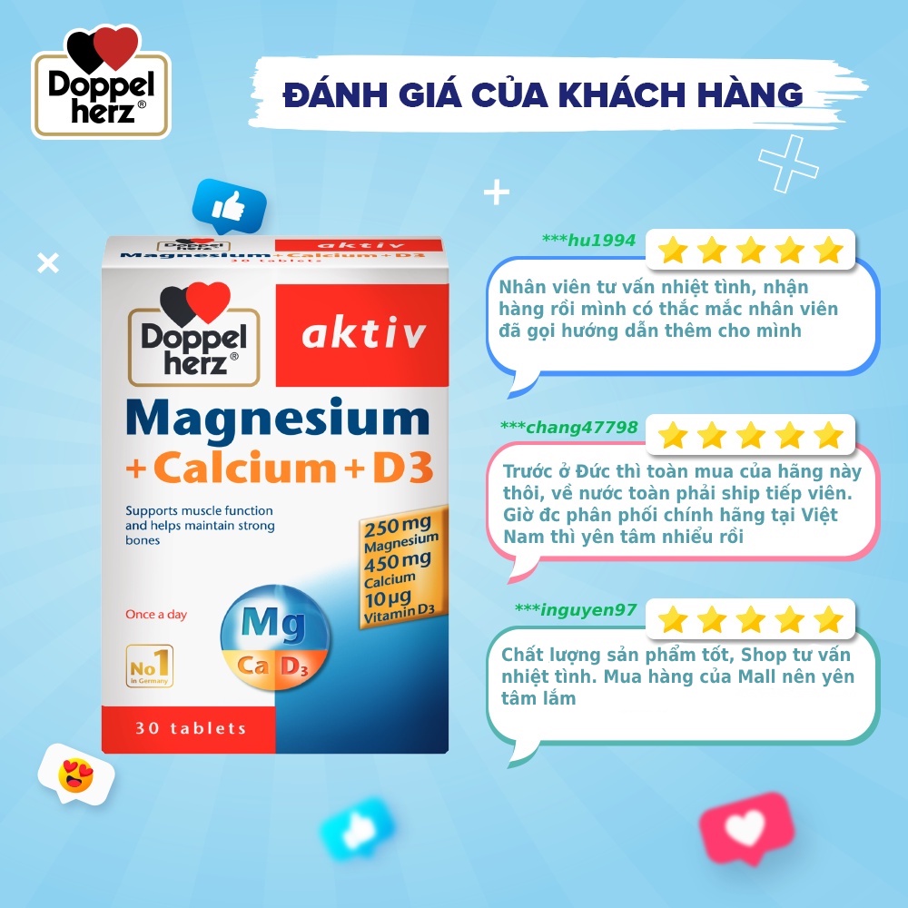 [TPCN NHẬP KHẨU] Viên uống bổ sung Canxi phòng ngừa loãng xương Doppelherz Magnesium + Calcium + D3 (Hộp 30v & 60v)