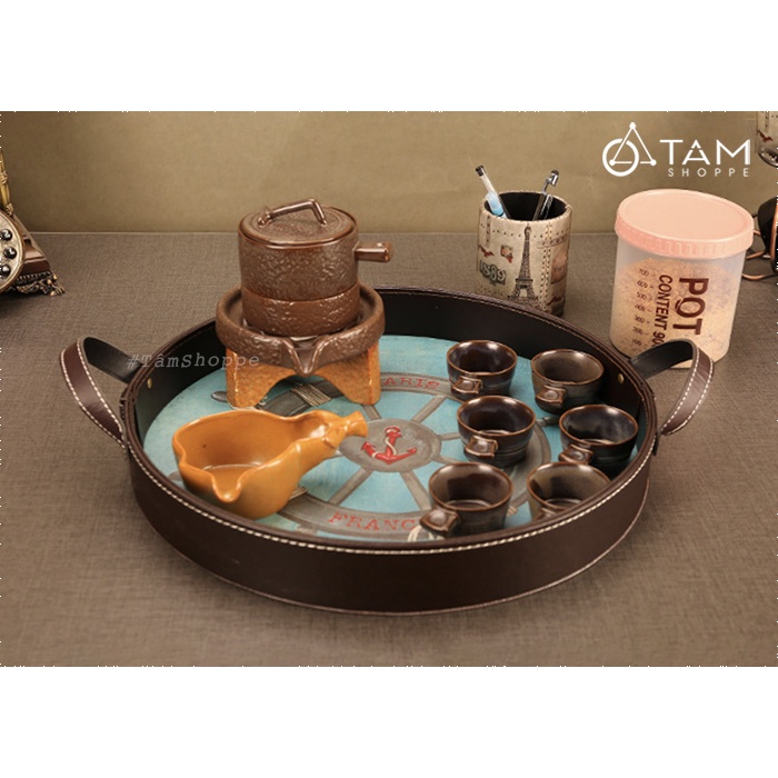 Khay tròn phục vụ giả da Vintage KT-01