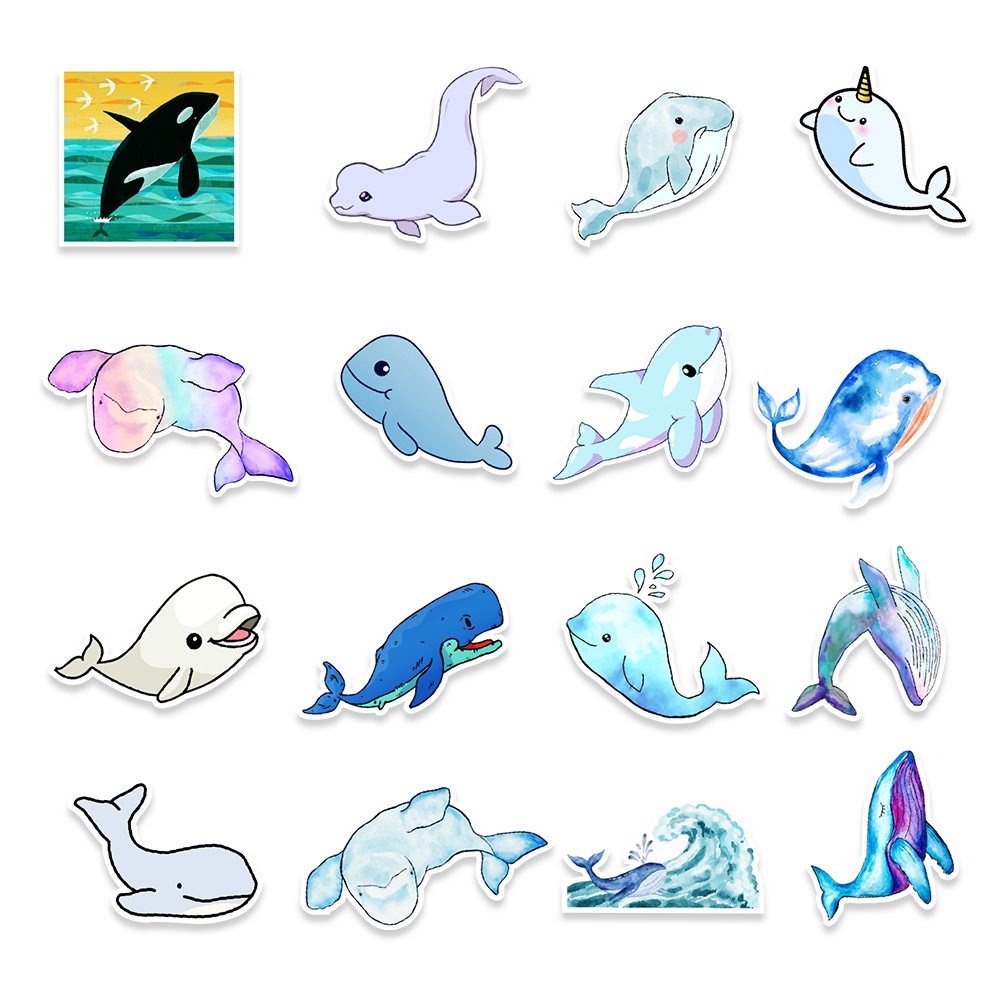 Set 20 sticker hình dán cá voi xanh, ếch xanh chống nước dán sổ tay, mũ bảo hiểm, xe máy, bình nước, vali, ván trượ