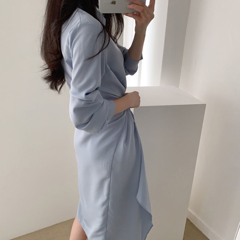 Design sense irregular shirt skirt women's spring and autumn mid length temperament waist slim dress DS020