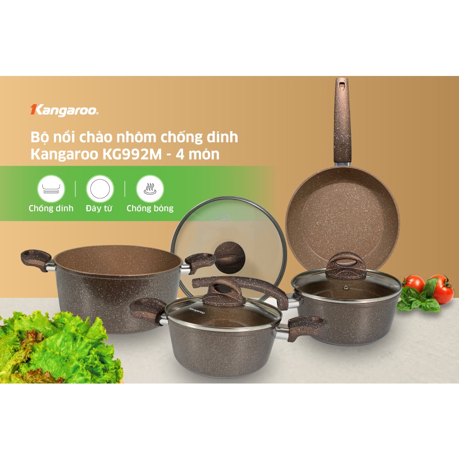 ộ nồi kèm chảo 4 món nhôm vung kính đáy từ Kangaroo KG992M