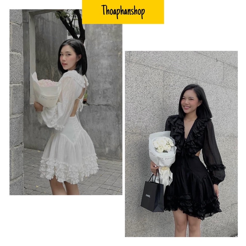 ĐẦM CÔNG CHÚA CUT OUT LƯNG TAY DÀI CỔ V [kèm ảnh thật]