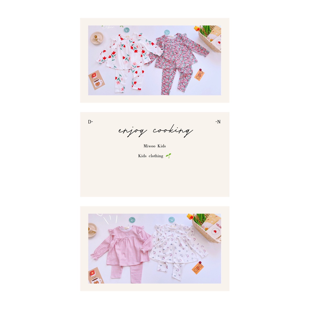 Bộ thun cotton dài tay phối cánh tiên Miwoo kids BABYDOLL họa tiết siêu dễ thương cho bé gái bảng màu 2(ảnh thật