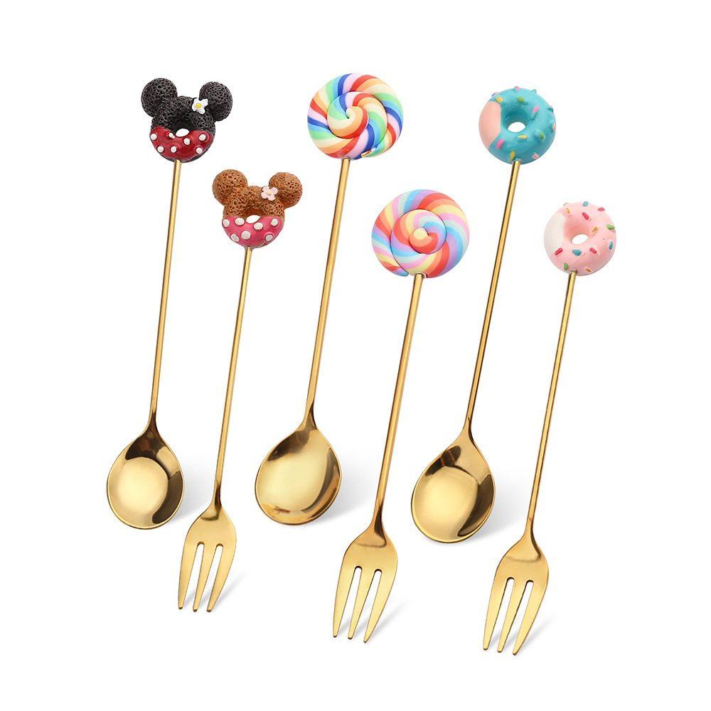 Muỗng Cà Phê / Nĩa Inox Hình Bánh Donut / Trái Cây / Kem Hoạt Hình Mini