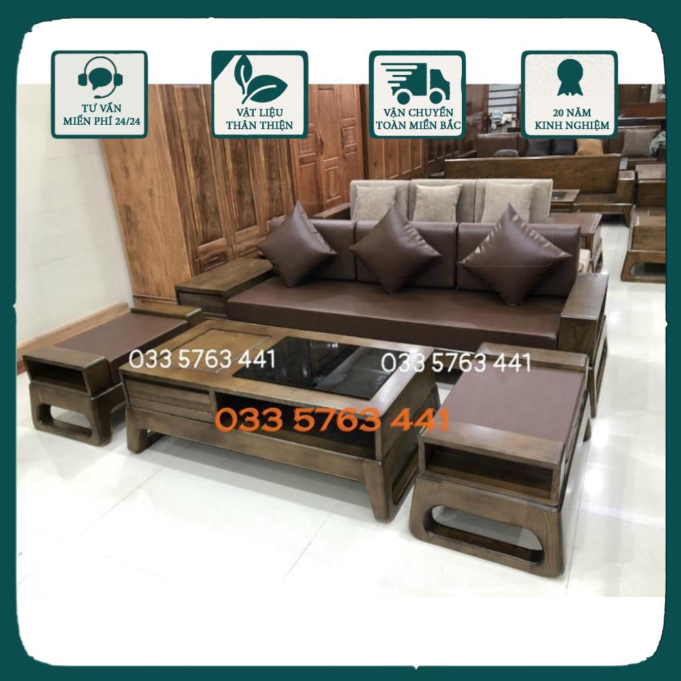 Bộ ghế sofa phòng khách văng dài 2m3 gỗ sồi nga 100% 3 món gồm 1 văng sofa và 1 bàn trà sofa và 1 đôn ngồi .