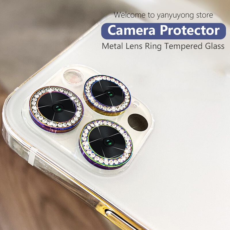 Nắp dán đính đá bảo vệ ống kính camera cho iPhone 11 12 13 14 15 Pro Max / 14 15 Plus / 13 mini