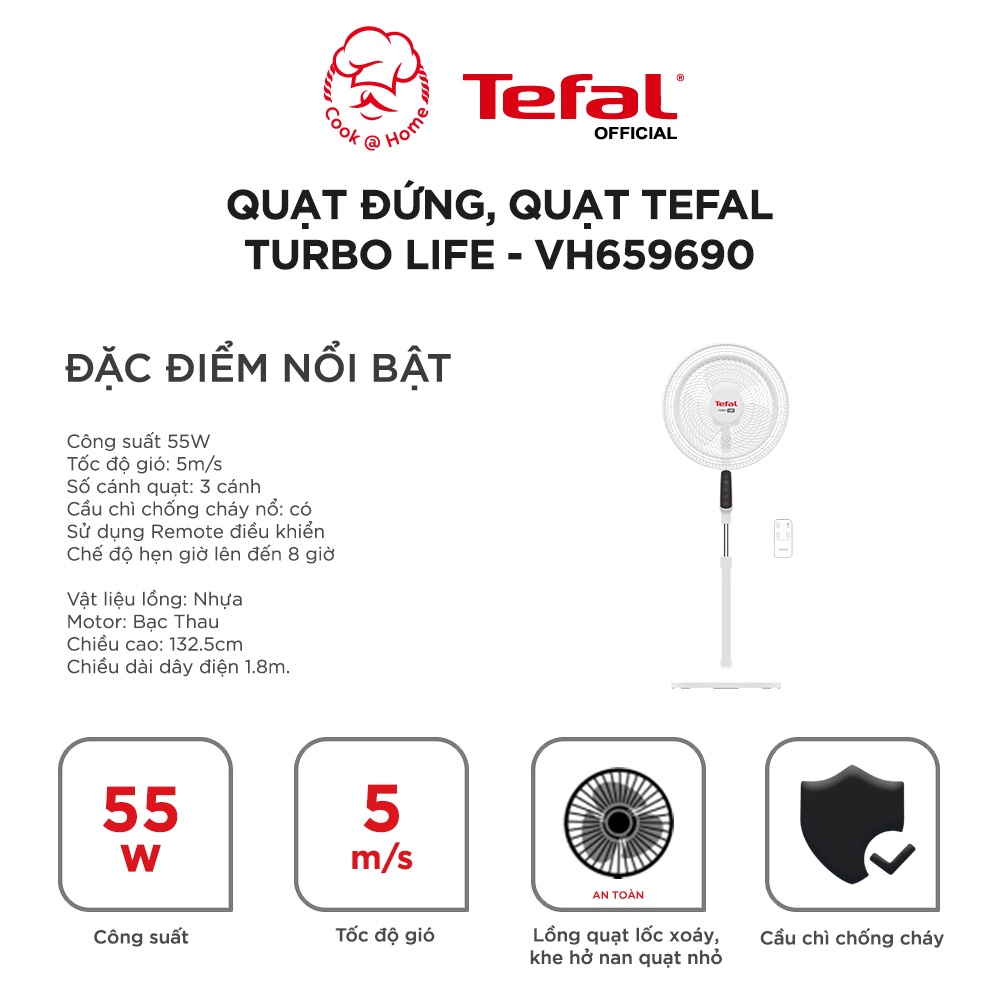 Quạt đứng Tefal Turbo Life VH659690 - 55W, 3 chế độ gió