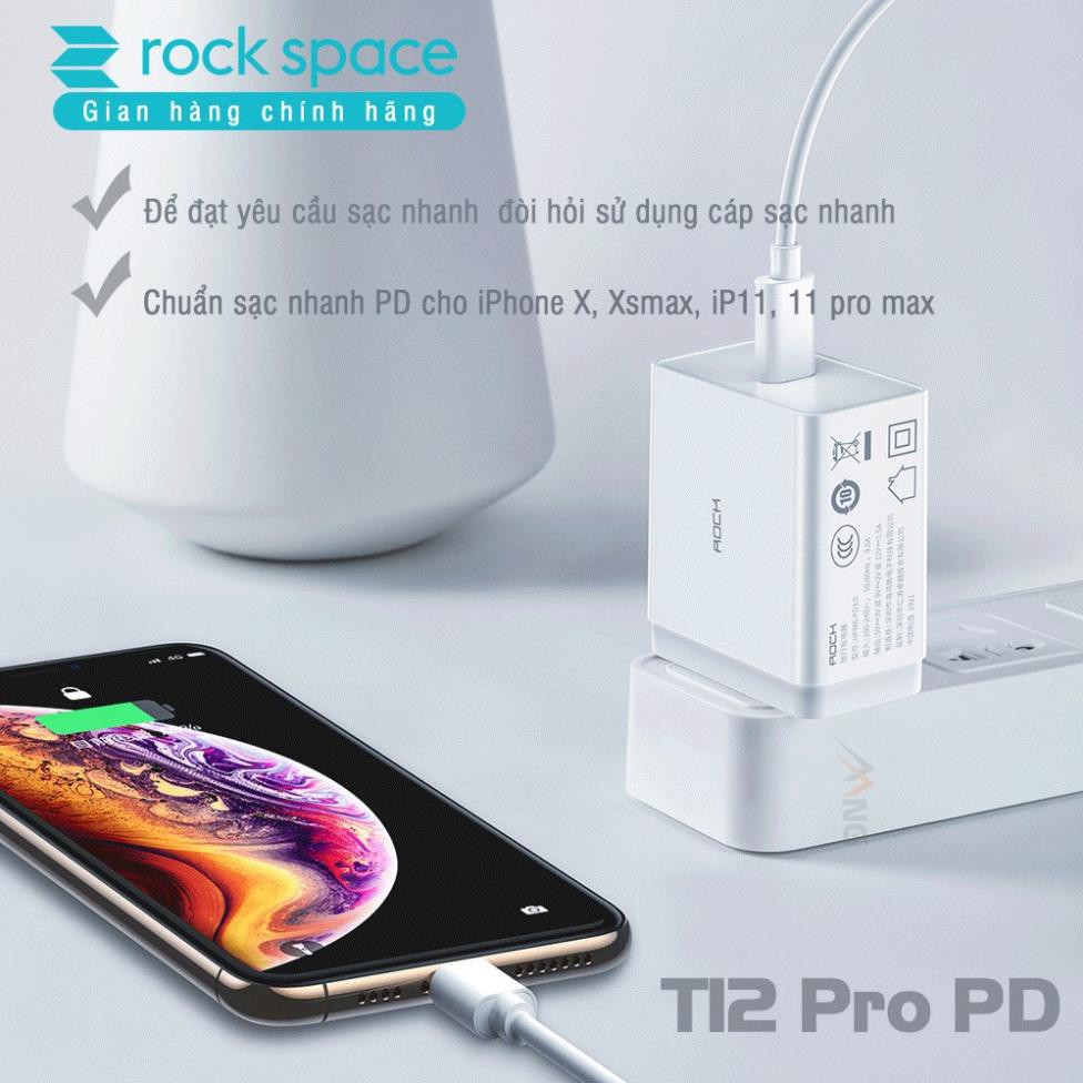 Củ sạc Rockspace T12 pro chuẩn sạc nhanh PD cho iphone 8; X,Xsmax,ip11,11 pro max, Samsung, Huawei, Vsmart, Oppo