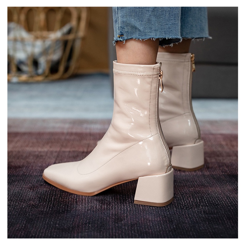 Giày boots cổ cao mũi vuông da bóng ôm chân kéo khóa sau vintage 5cm