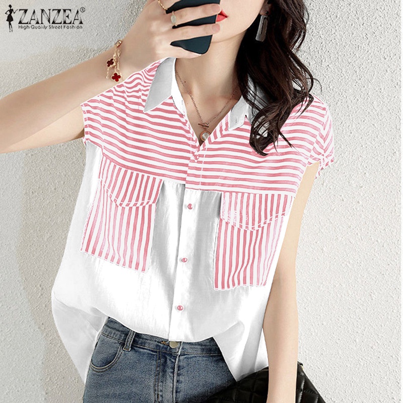 Zanzea Áo Sơ Mi Tay Dài Kẻ Sọc Có Túi Trước Thời Trang Cho Nữ