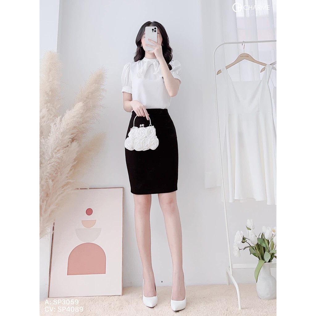 Áo sơ mi nữ thiết kế ly tay ngắn phối nơ xinh xắn 3059