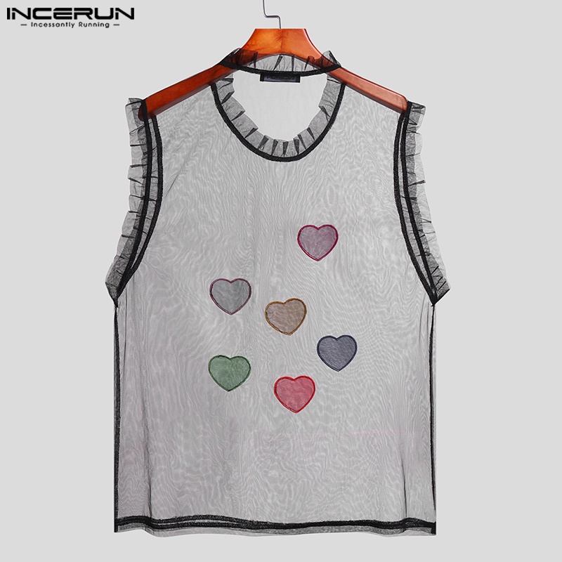 INCERUN Áo Tank Top Lưới Xuyên Thấu Hình Trái Tim Phong Cách Hippie Thời Trang Mùa Hè Cho Nam