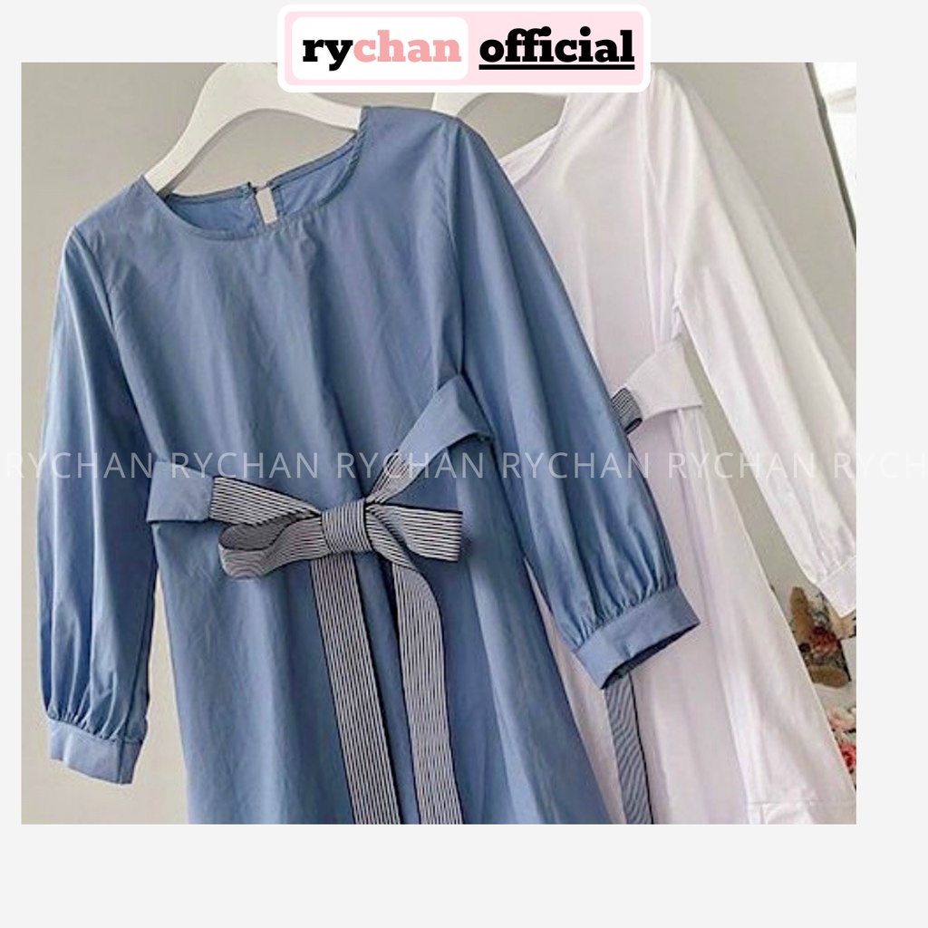 Đầm Xòe Viền Bèo Dài Tay Thắt Nơ Eo 2 Màu  - DX0087