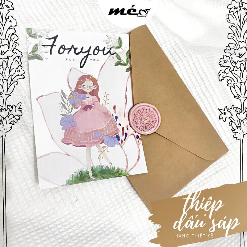 THIỆP dấu sáp hàng thiết kế FOR YOU kèm phong thư Kraft kiểu Vintage làm quà tặng, thư mời dễ thương hình hoa và cô gái