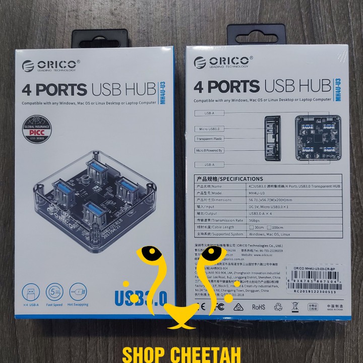 Bộ chia 4 cổng USB 3.0 – Hub Orico MH4U-U3-03-CR – Trong suốt – Chính Hãng – Bảo hành 12 tháng – USB3.0 Four – Port Hub