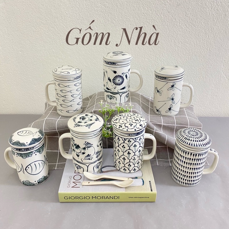 Cốc Lọc Trà Có Nắp Ca Uống Nước Họa Tiết vẽ tay tỉ mỉ gốm sứ Bát Tràng