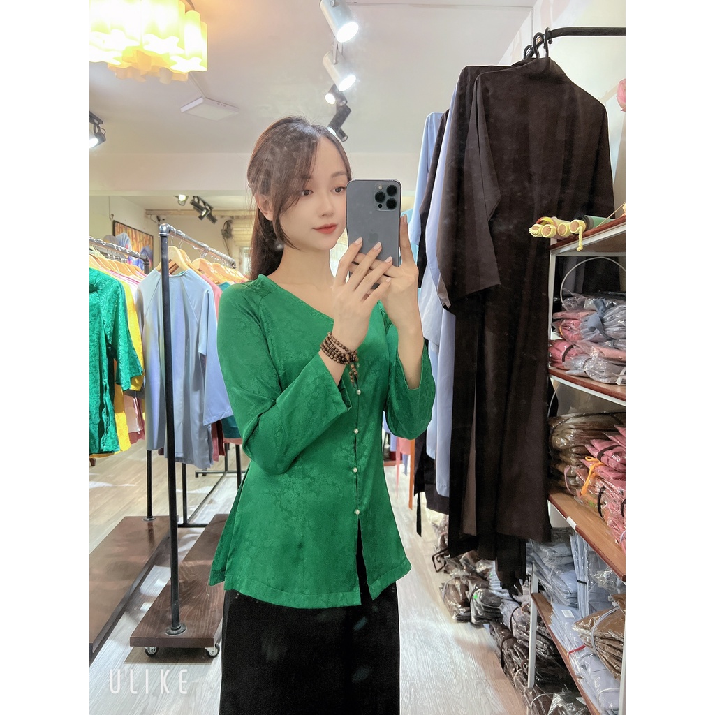 Áo BÀ BA # Đồ Phật tử lụa cao cấp # bà ba vân gấm hoa sen cúc ngọc xinh xắn AB12 xanh lá đậm