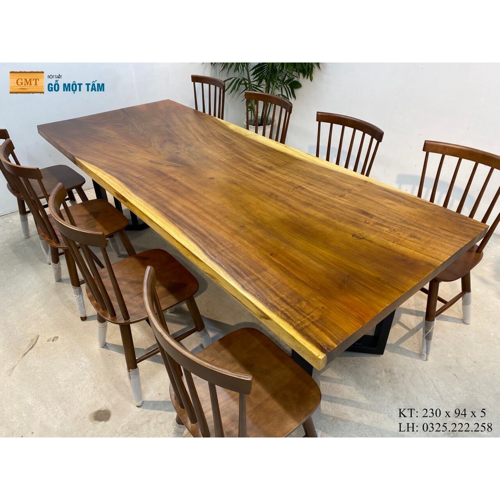 Bàn Làm Việc Gỗ Me Tây, Bàn Ăn Hiện Đại 8 Ghế, Bàn Họp Gỗ Me Tây Nguyên Tấm Dài 2,3m Rộng 94cm Dày 5cm