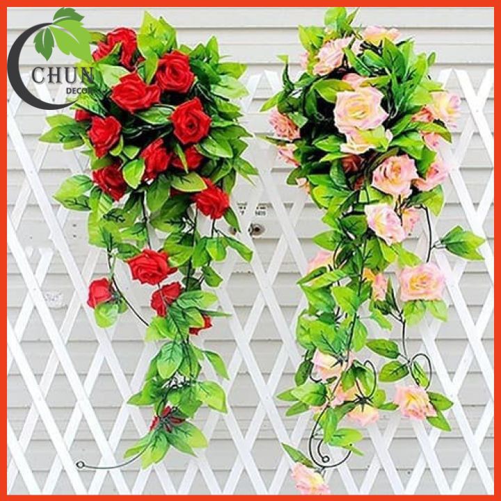 Hoa giả, Hoa hồng dây leo 2.4m gồm 9 bông hoa trang trí đám cưới, xích đu, ban công, sửa sổ, làm giỏ hoa treo tường