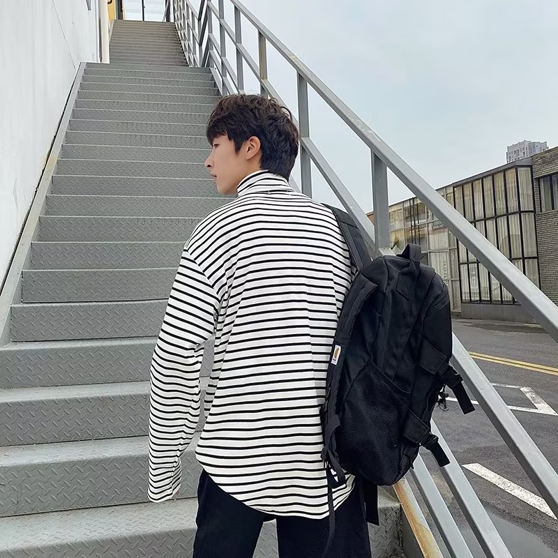 Áo Thun Cổ Lọ Tay Dài Dáng Rộng Họa Tiết Kẻ Sọc Phong Cách Hàn Quốc Thời Trang Xuân Thu Cho Nam Và Nữ