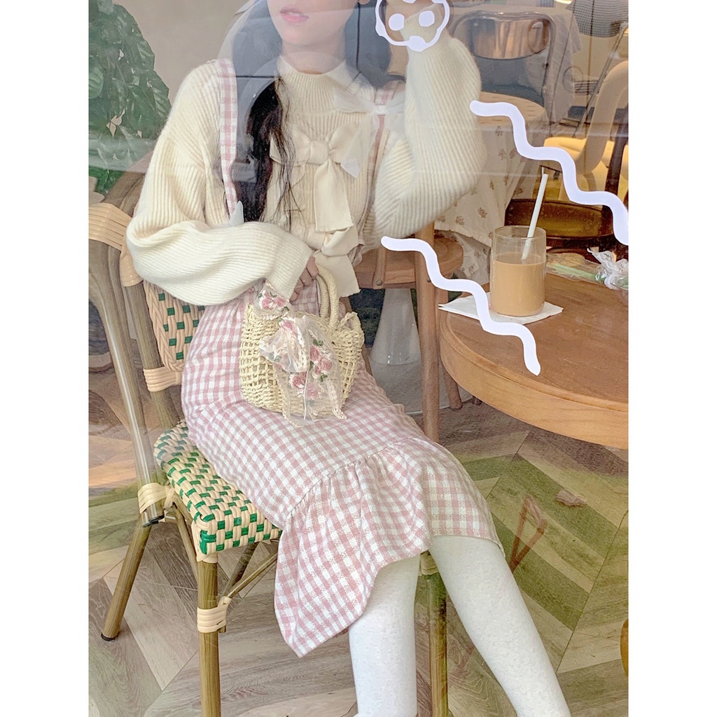 Set áo sweater dáng rộng + chân váy yếm thời trang thu đông mới cho nữ