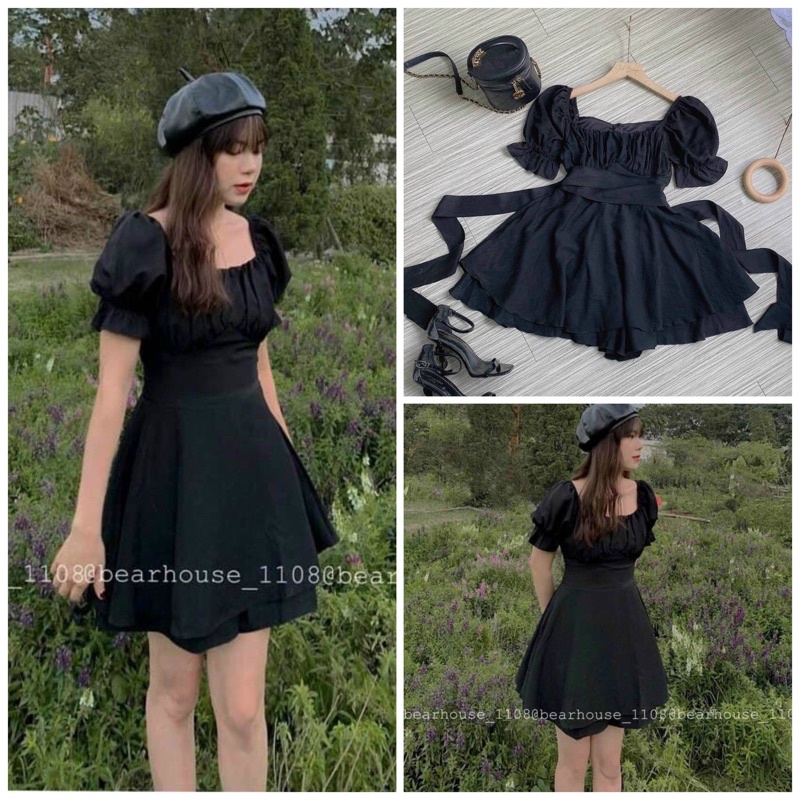 [FREESHIP] Jump ngắn xếp ly ngực cột nơ eo bèo tầng màu đen/hồng NÀNG CLOSET