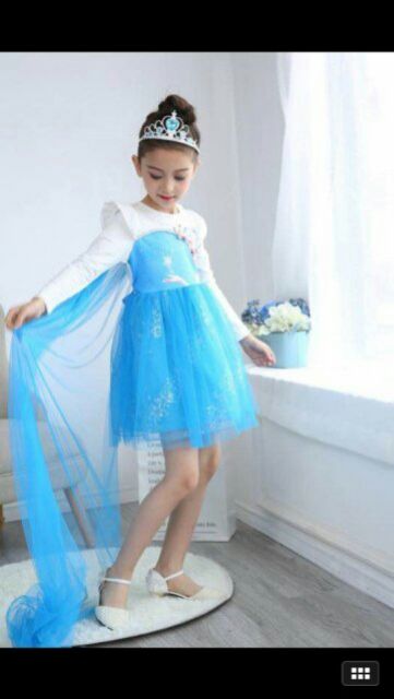 Váy elsa dài tay bé gái kèm voan choàng dài size đại 5-10 tuổi