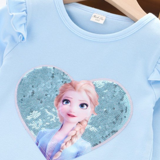 DISNEY Áo Thun Tay Dài In Hình Công Chúa Elsa Đính Kim Sa Thời Trang Cho Bé Gái 1-8 Tuổi