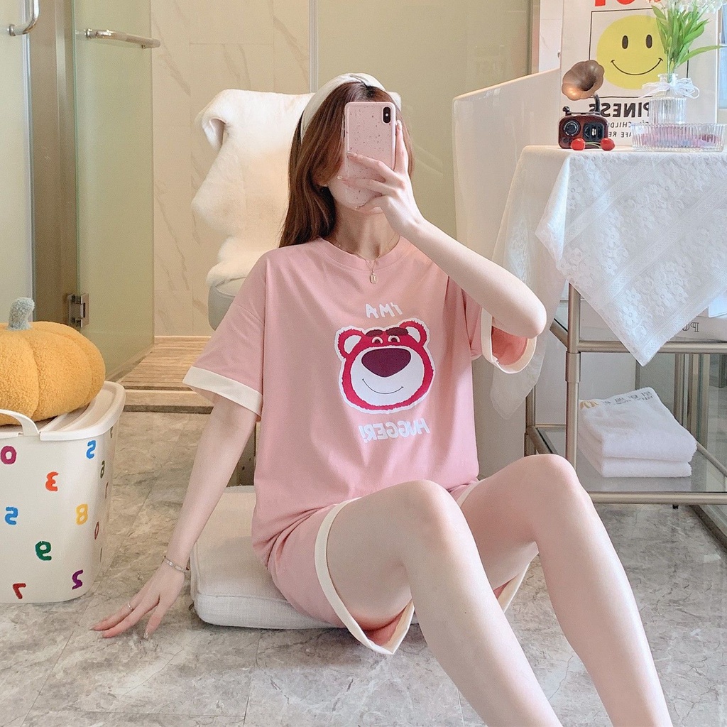 Bộ Đồ Ngủ Ngắn Tay Vải Cotton Nguyên Chất In Hình Gấu Dâu Tây Phong Cách Mới Cho Nữ