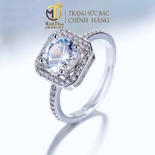 Nhẫn nữ bạc đẹp, kiểu nhẫn đá vuông thân đính đá nhỏ trang sức bạc ta Minh Thoa JEWELRY