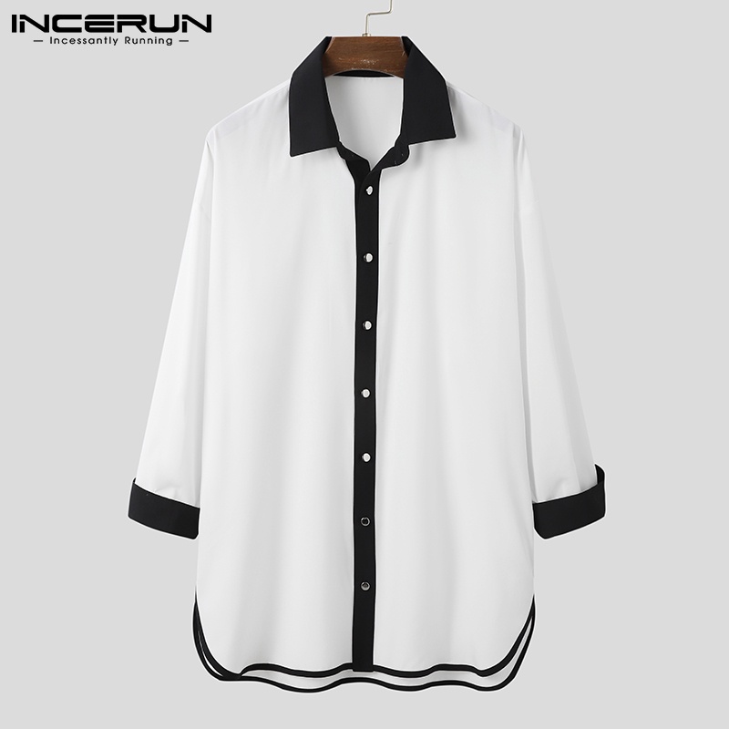 Áo sơ mi INCERUN dài tay màu sắc tương phản phối nút cá tính cho nam