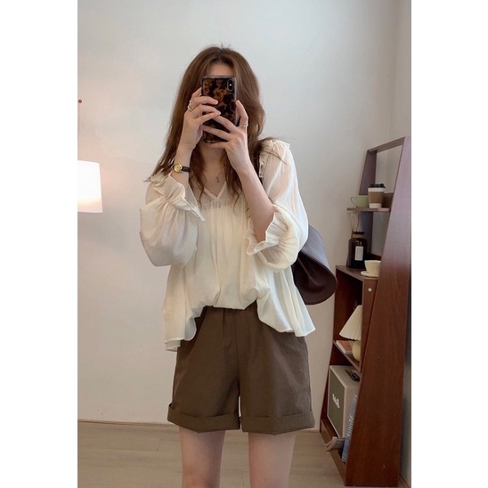 Set áo babydoll voan lụa dài tay kèm quần kaki nâu tây