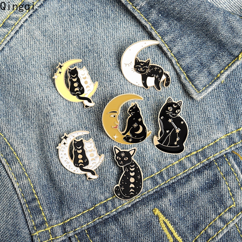 Ghim cài áo Miss Zoe hình mèo mun và mặt trăng thời trang