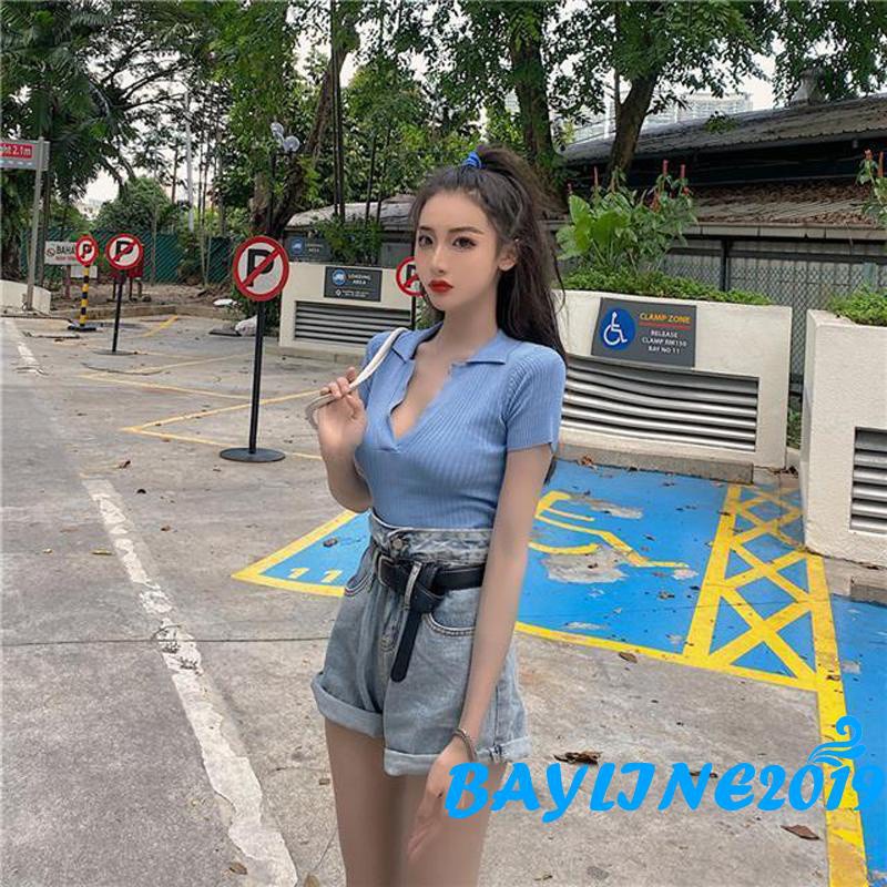 Áo croptop dệt kim tay ngắn cổ chữ V màu trơn thời trang xinh xắn cho nữ