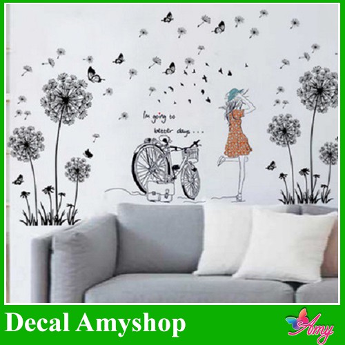 [FREESHIP] Decal dán tường [GIÁ SĨ] Hoa bồ công anh và cô gái xe đạp trang trí phòng ngủ đẹp rẻ