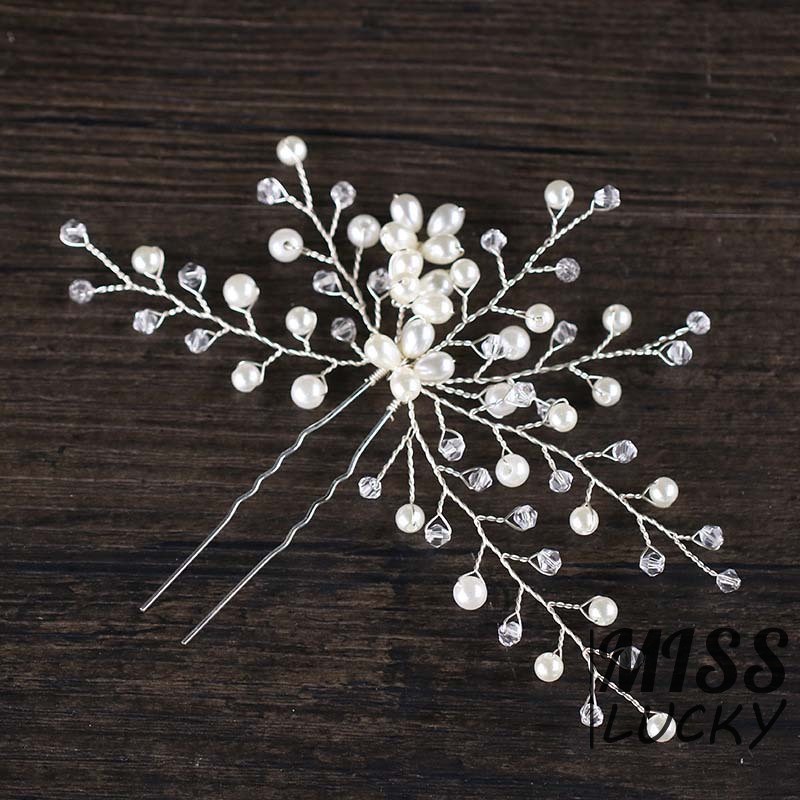 Trâm cài tóc cô dâu trang trí hình hoa lá đính ngọc trai giả thời trang