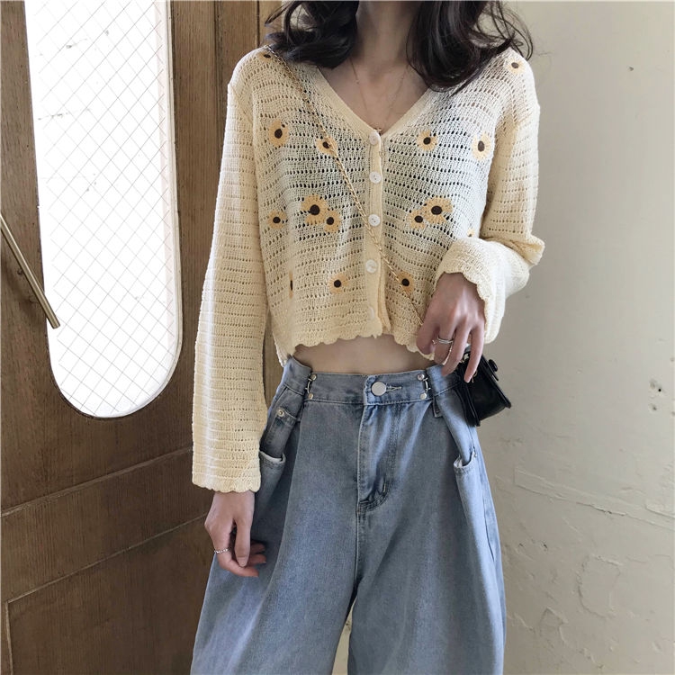 Áo Khoác Cardigan Dệt Kim Mỏng Tay Dài Dáng Ngắn Thêu Họa Tiết Thời Trang Cho Nữ