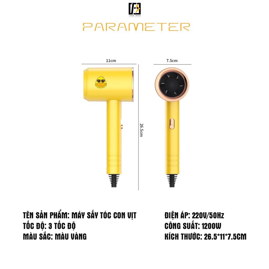 Máy sấy tóc tạo kiểu hình con vịt vàng công suất 1200W siêu dễ thương nóng lạnh 3 tốc độ gió tặng kèm mỏ sấy