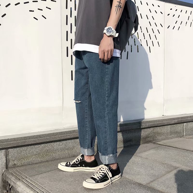 Street fashion men's ripped long jeans