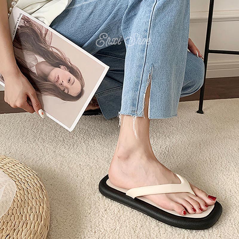 Oeggeo shop Giày Sandal Hai Màu Mũi Vuông Đế Bệt Đi Biển Cho Nữ