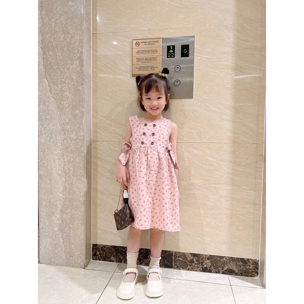 Váy Linen Hồng Cổ Vuông Kèm Khuy Ngực Cài Cúc Thắt Nơ Xinh Xắn NIAKI - TT04