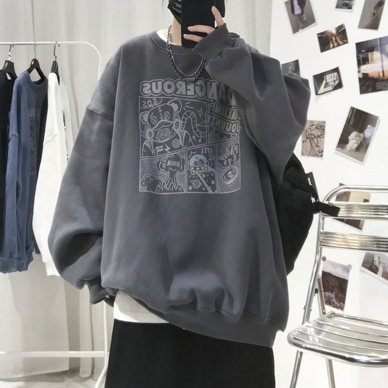 Ifnicefuture Áo hoodie Tay Dài Cổ Tròn Dáng Rộng In Họa Tiết Hoạt Hình Phong Cách Hàn Quốc Thời Trang Thường Ngày Cho Nam