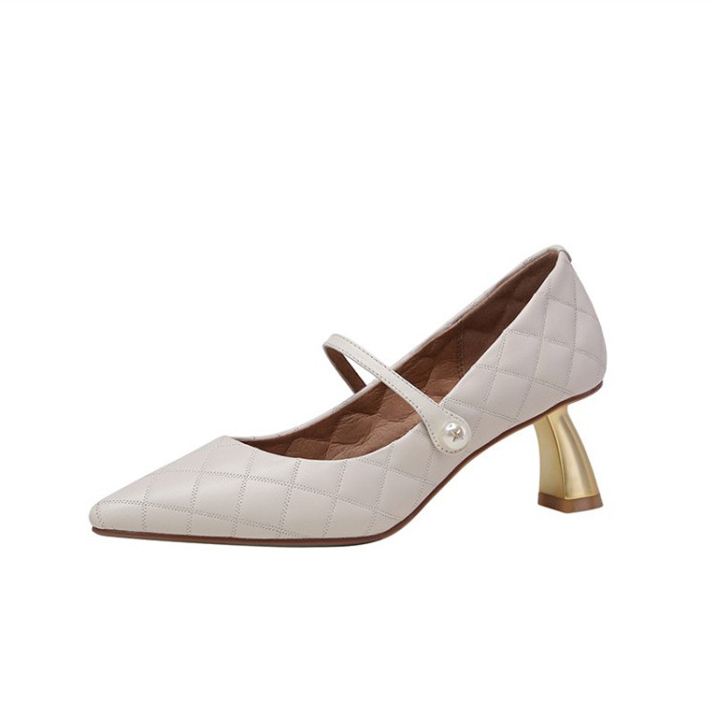 New Hepburn Mary Jane Retro Female High Heels With Pearl Leisure Minimalistic Shoes Pointed Wild High Heels Soft Leather