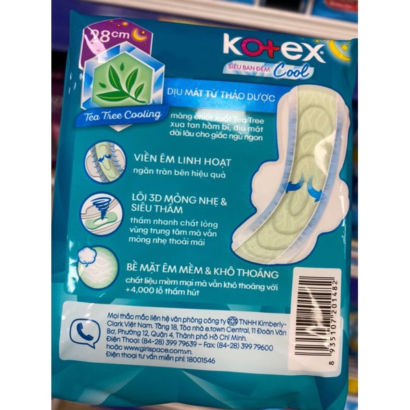 BĂNG VỆ SINH KOTEX ĐÊM COOL MÁT LẠNH MẶT BÔNG 28cm 4M