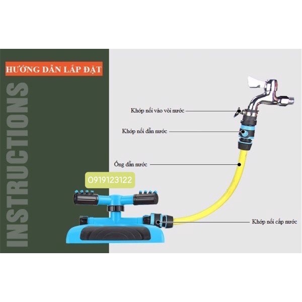 Đầu tưới 3 cánh xoay 360° Chân đế hình cánh bướm Lắp nối nhanh 16