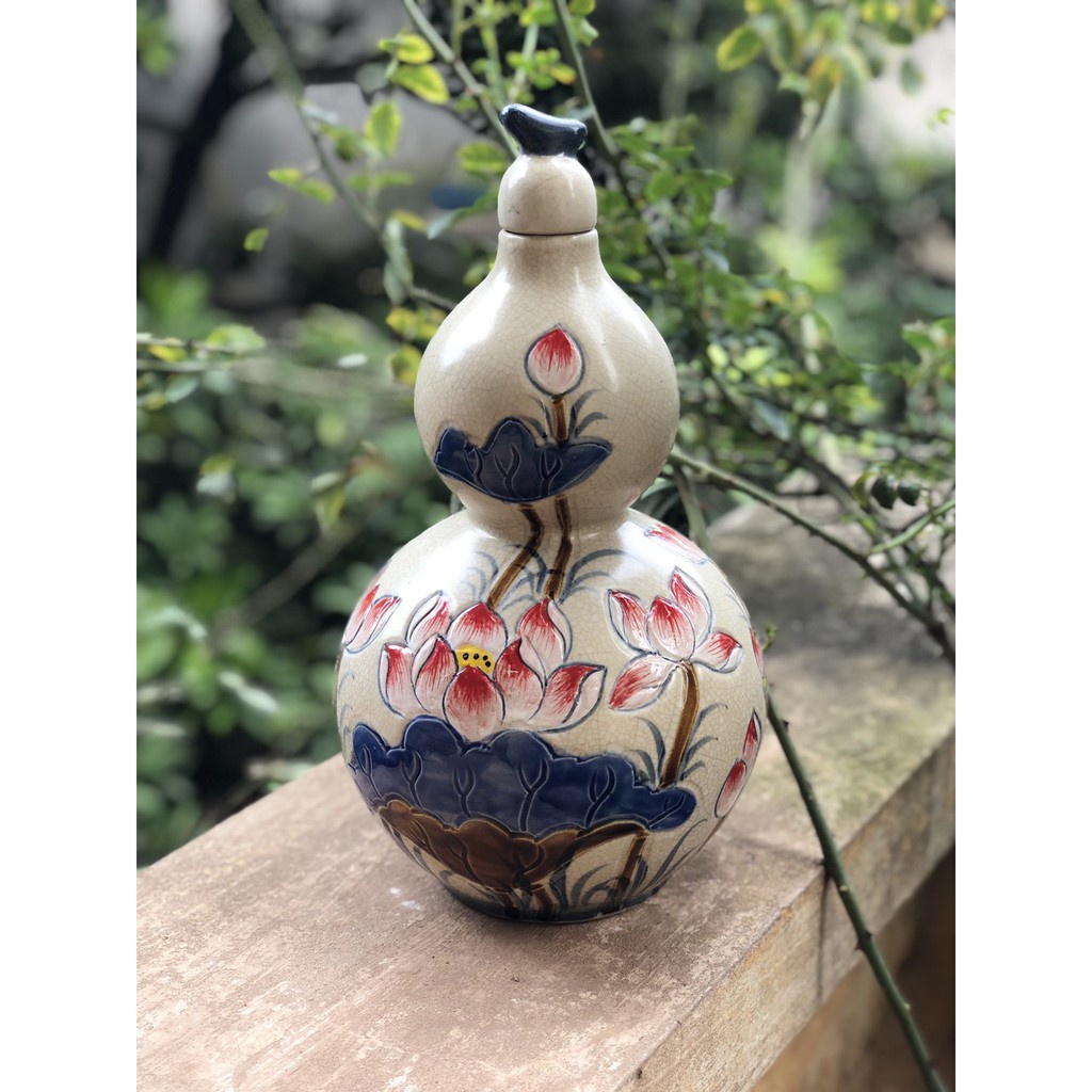 Nậm hồ lô vẽ hoa tam thái đỏ gốm sứ Bát Tràng