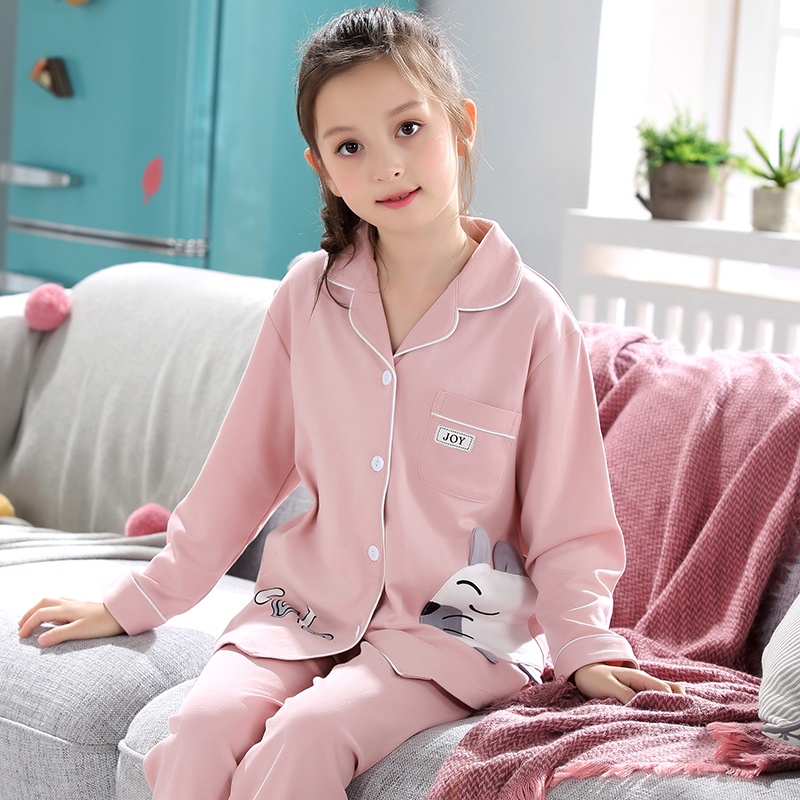 Đồ ngủ trẻ em của phụ nữ mùa xuân và thu cotton dài tay cho trung niên hè gái áo cardigan 12-15 tuổi